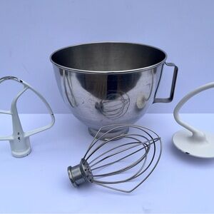 KitchenAid Stainless K45 4.5 Qt Bowl + Dough Hook, Wire Whisk, Flat Beater Set